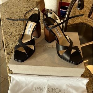 New JIMMY CHOO $794 Black Criss Cross Wood Heel Sandals Italy Size US 10.5